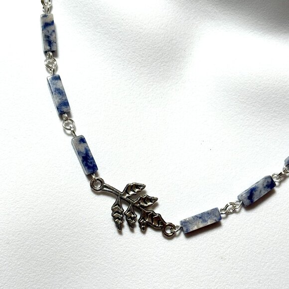 Genuine Blue White Sodalite Matinee Necklace, Gemstone & Leaf Branch Pendant - Picture 1 of 14